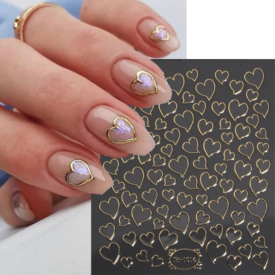 1PCS Gold Heart Nail Stickers Y2K Nail Art Decoration Hollow Love Heart Abstract Bronzing Flowers Stickers For Nails