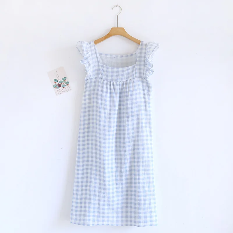 2024 Summer New Women\'s Sleeping Skirt Tank Top 100% Pure Cotton Large Size Loose Plaid with Chest Cushion Dress Home Fury