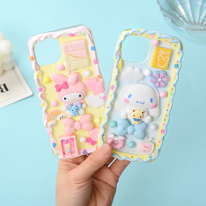 New Sanrio Pompom Purin Cinnamoroll Mymelody Cream Glue Diy Full Set Mobile Phone Shell Material Packageresin Doll Accessories