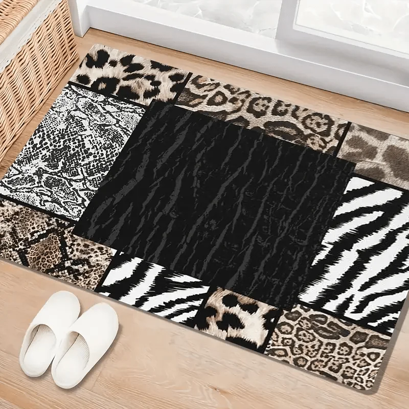 1pc 2D Flat Patchwork Animal Print Leopard Zebra Snake Flannel Area Rug Non Slip Wild Safari Carpet For Living Room Floor Decor