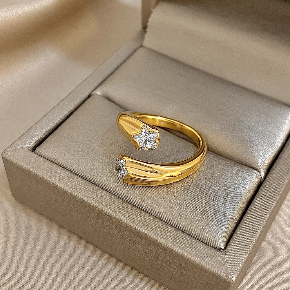Greatera Fünfzackiger Stern mit Strasssteinen eingelegter Damen-Manschettenring, Delikatesse, Edelstahl, beliebter einfacher Schmuck, neues Design