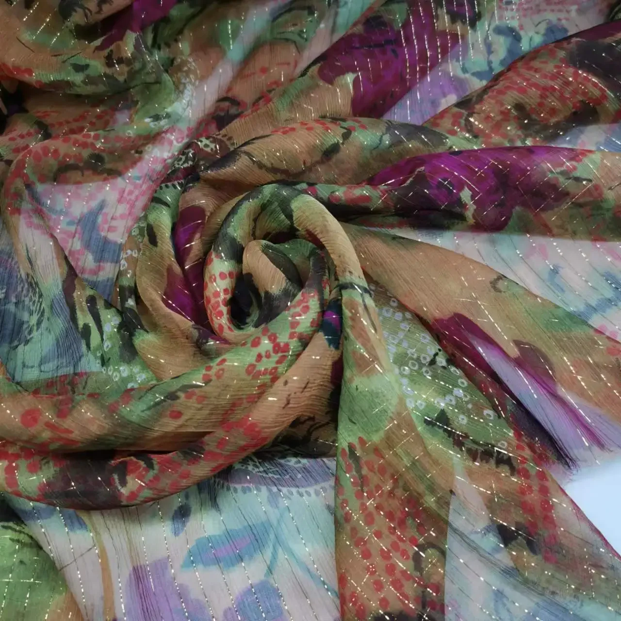 Lurex Silk Floral Chiffon Fabric Soft  Metallic Jacquard Dress Scarf Material