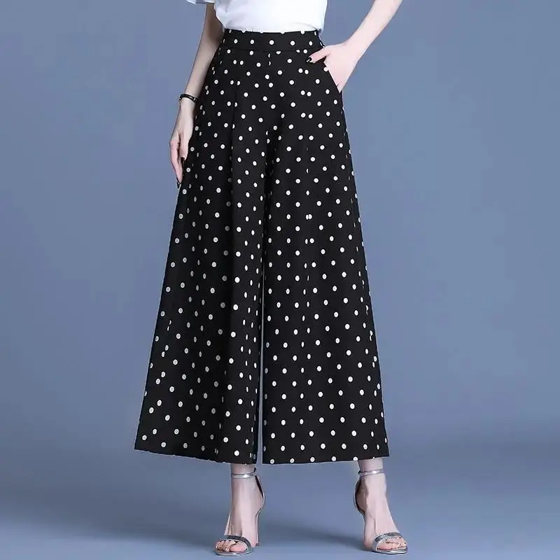 

Fashion Elastic Pockets All-match Polka Dot Wide Leg Pants Women's Clothing 2024 Summer New Loose Office Lady Cropped Pants