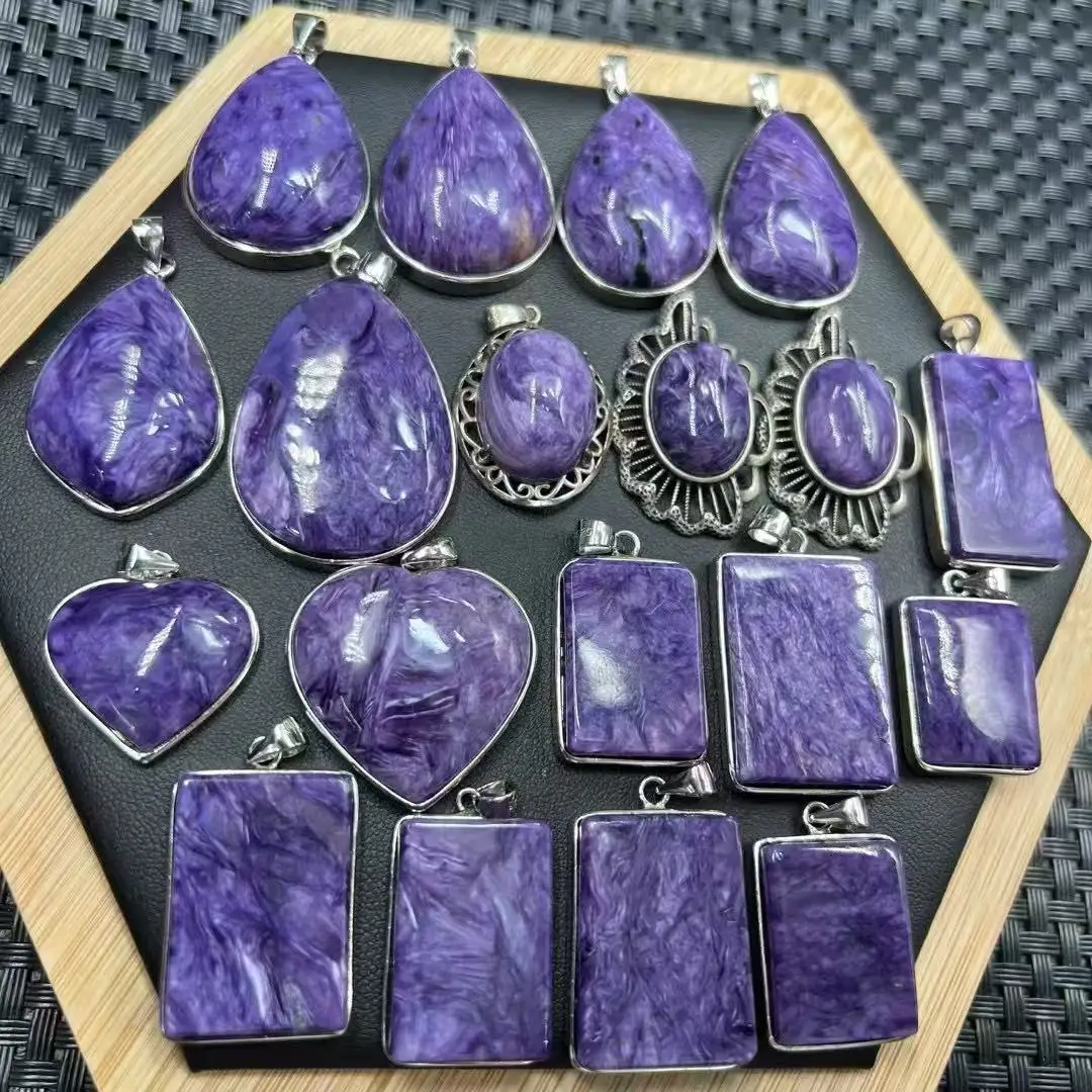 

Unit One Piece 925 Silver Inlay Natural Charoite Crystal Random Shape Stone Pendant for Meditation