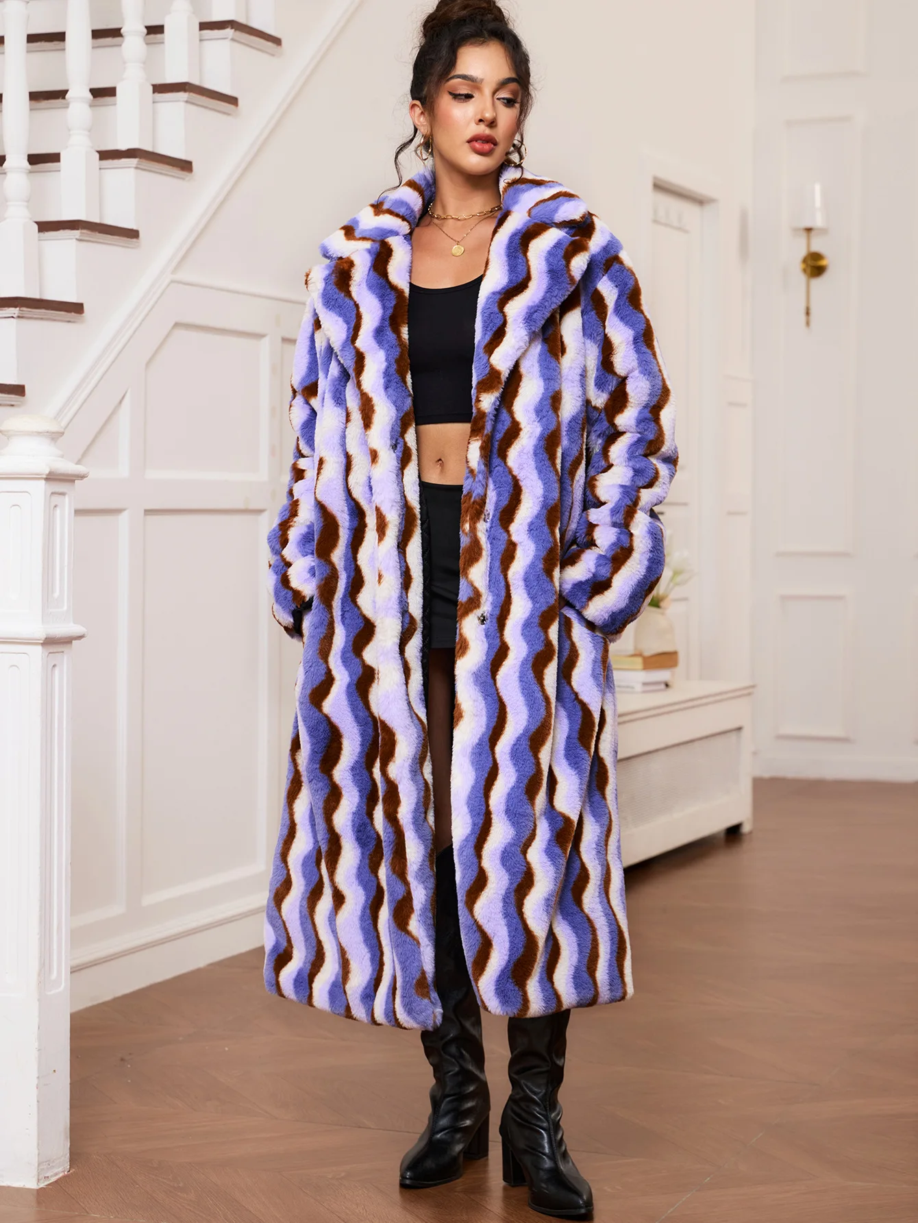 Women's Autumn Winter Imitation Fur Coat Warm Thick Printed Plush Long Street Photography Outerwear for Ladies