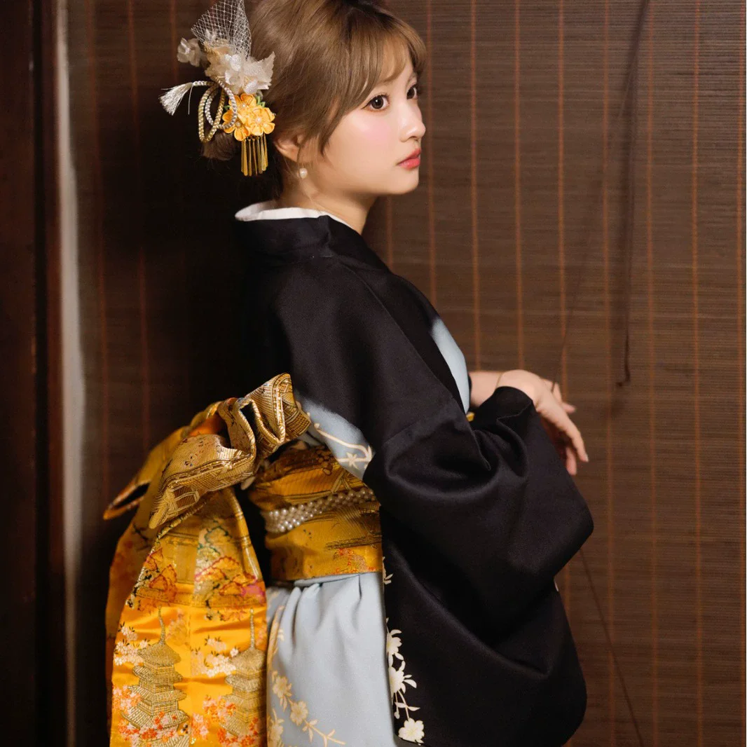

Ancient Japan Women Traditional Costume Black Positioning Print Visit Kimono Formal Black Sleeves Japanese Girl Clothing FE037