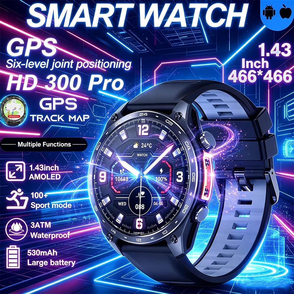 

2026 Mens Smart Watch Altitude Compass GPS Maps Supported 3ATM Waterproof 100+ Sport Modes BT Call MP3 MP4 Music Play