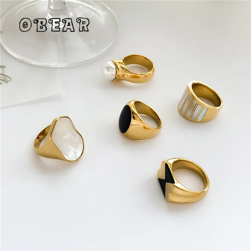 Punk Pearl Big Shell Geometric Ring Women Stainless Steel Plated 18k Creative Charm Beach Party Jewelry Accessories