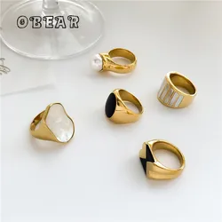 Punk Pearl Big Shell Geometric Ring Women Stainless Steel Plated 18k Creative Charm Beach Party Jewelry Accessories