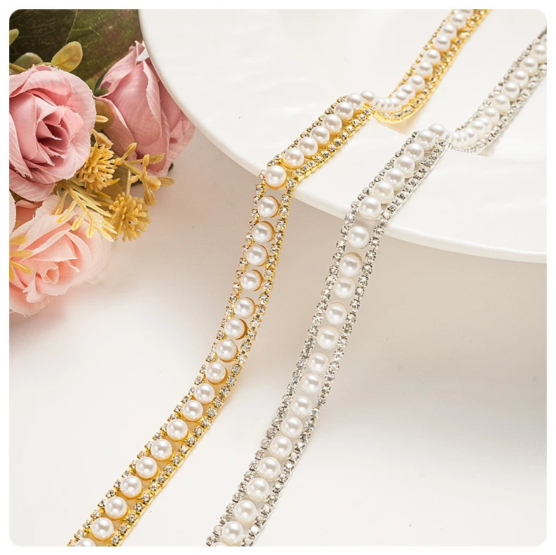 10 Meter Strass-Kette Kristall-Diamant-Accessoire Geschenkdekoration mit Eingelegten Perlen Strass-Band DIY Handwerk Nähzubehör – Detail 1