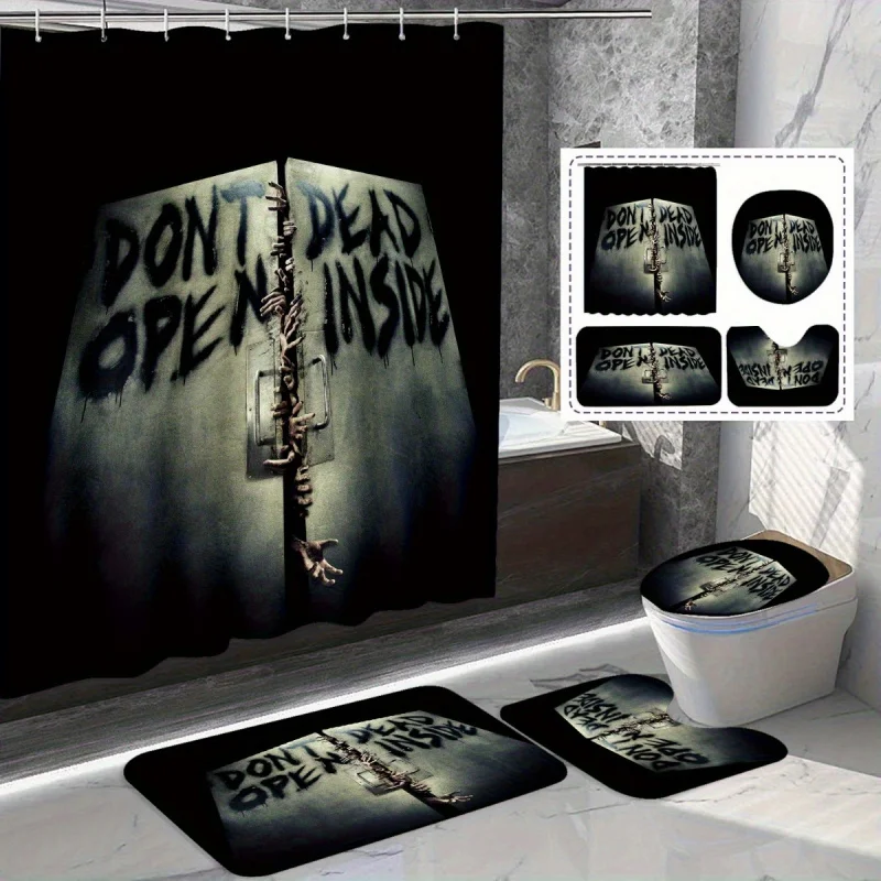 1/4pcs Halloween Horror Don't Dead Open Inside Shower Curtain Set, Gray Black Non-Slip Bath Mat, Bathroom Rugs, Toilet Lid Cover