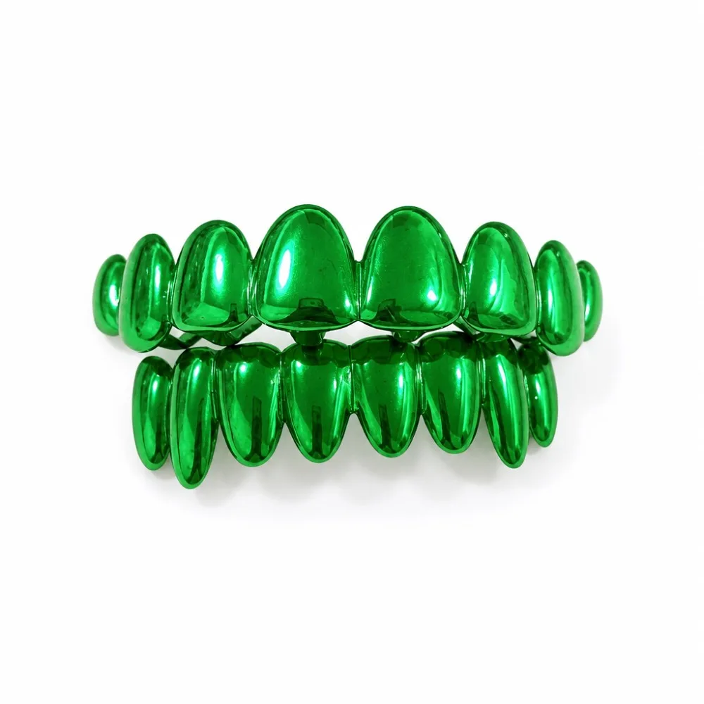 2pcs/set Classic Glossy Finish Teeth Grillz Top Bottom Set Anti Slip Shiny Teeth Grillz Caps Red Green Teeth Jewelry Halloween