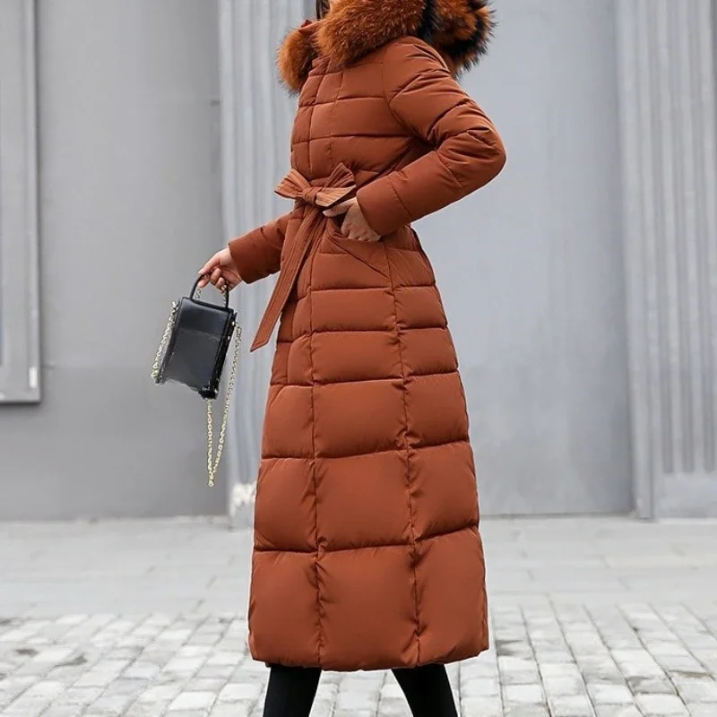 Winter Women's Jacket Warm Fashion Bow Belt Fur Collar Clothes Long Office Casual Women's Thick Hooded Coat