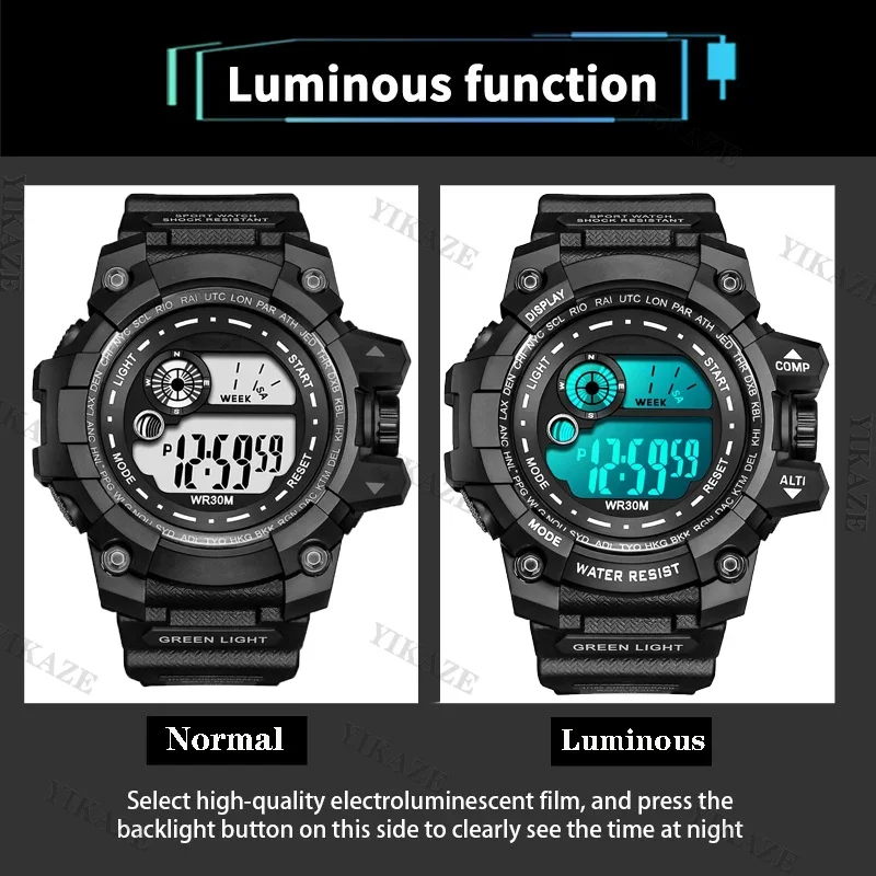 YIKAZE Men's LED Digital Watches 50mm Big Size Waterproof Men Sport Watch Date Army Military Clock Electronic Wristwatch for man