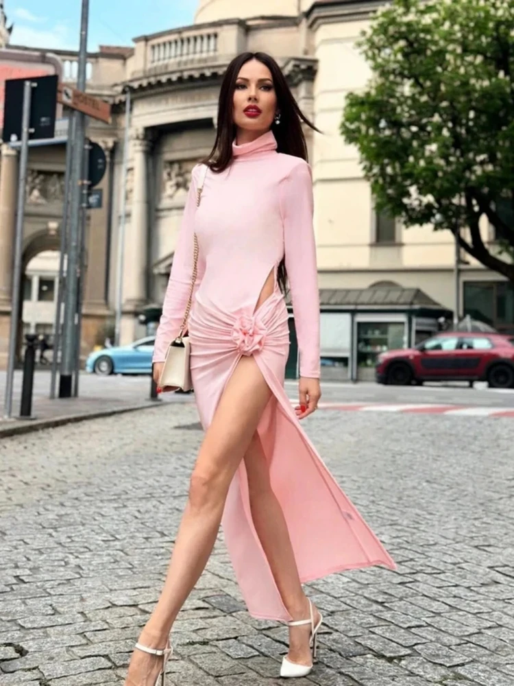 Sexy Long Sleeve Hollow Out 3D Flower Long Dress Women Pink Turtleneck Pleated High Slit Dresses Elegant Evening Party Gowns