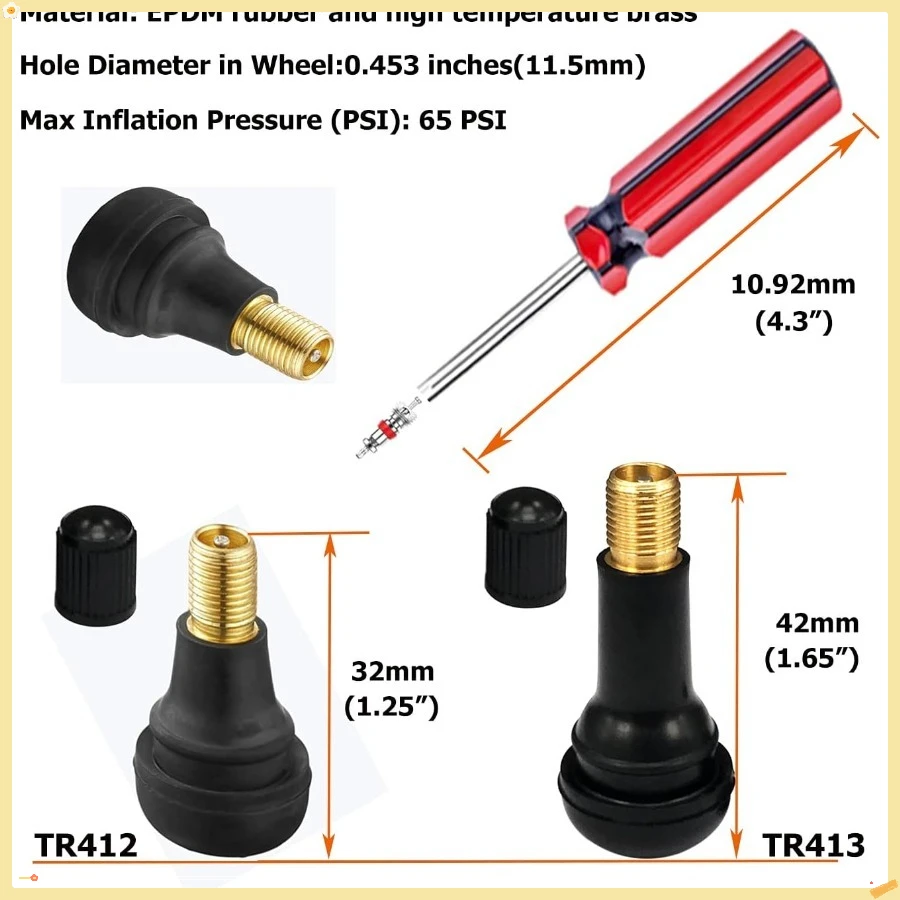 Juego de herramientas extractoras de vástago de válvula de neumático: 1 x instalador de vástago de válvula, 10 vástago de válvula de neumático a presión EPDM resistente al latón y al ozono