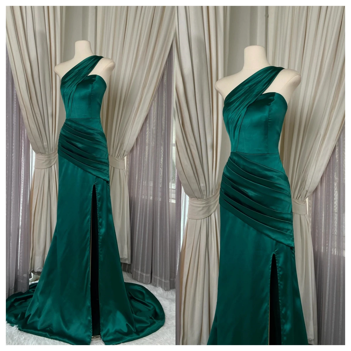 

Customized Modern Green Satin Evening Dress One Shoulder Sleeveless Special Occasion Gowns Bespoke Occasion Gowns Zipper Back