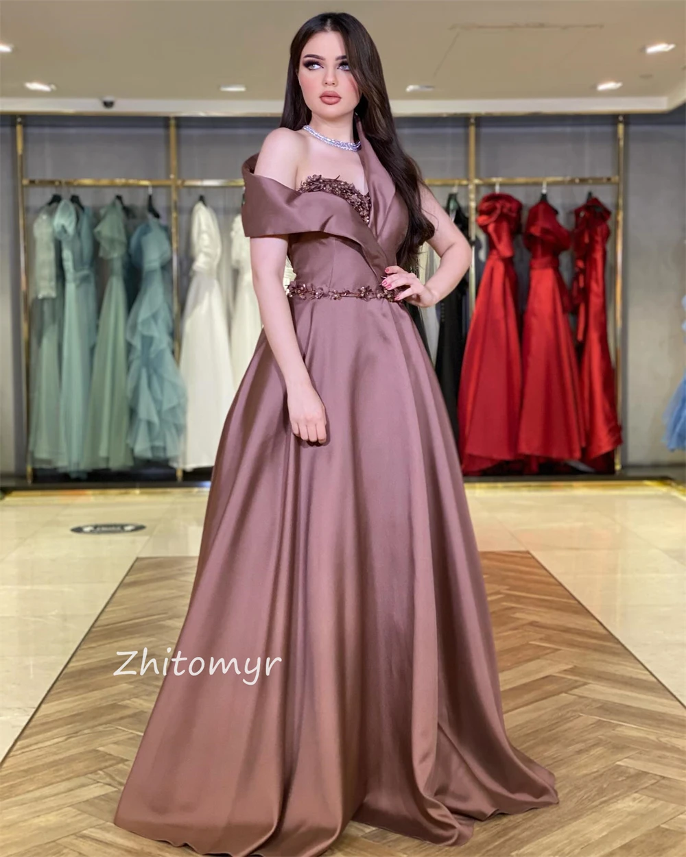 Ball Mesprit Exquisite Fashion Off-the-shoulder  Gown Beading Paillette / Sequins Flower Charmeuse Prom Dresses Saudi Arabia