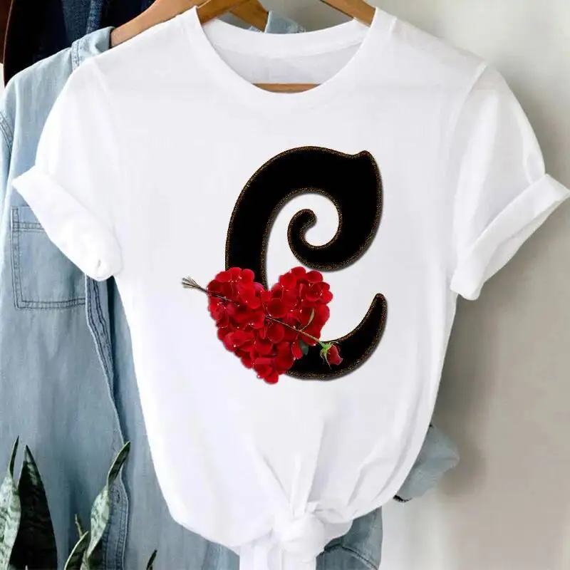 เสื้อยืดผู้หญิง รุ่น T 2021 ทรงโอเวอร์ไซส์ แฟชั่นสนุกๆ สไตล์เรโทร ลายตัวอักษรและดอกกุหลาบ คอกลม สีขาว เสื้อยืดผู้หญิง ไซส์ใหญ่พิเศษ XXXL