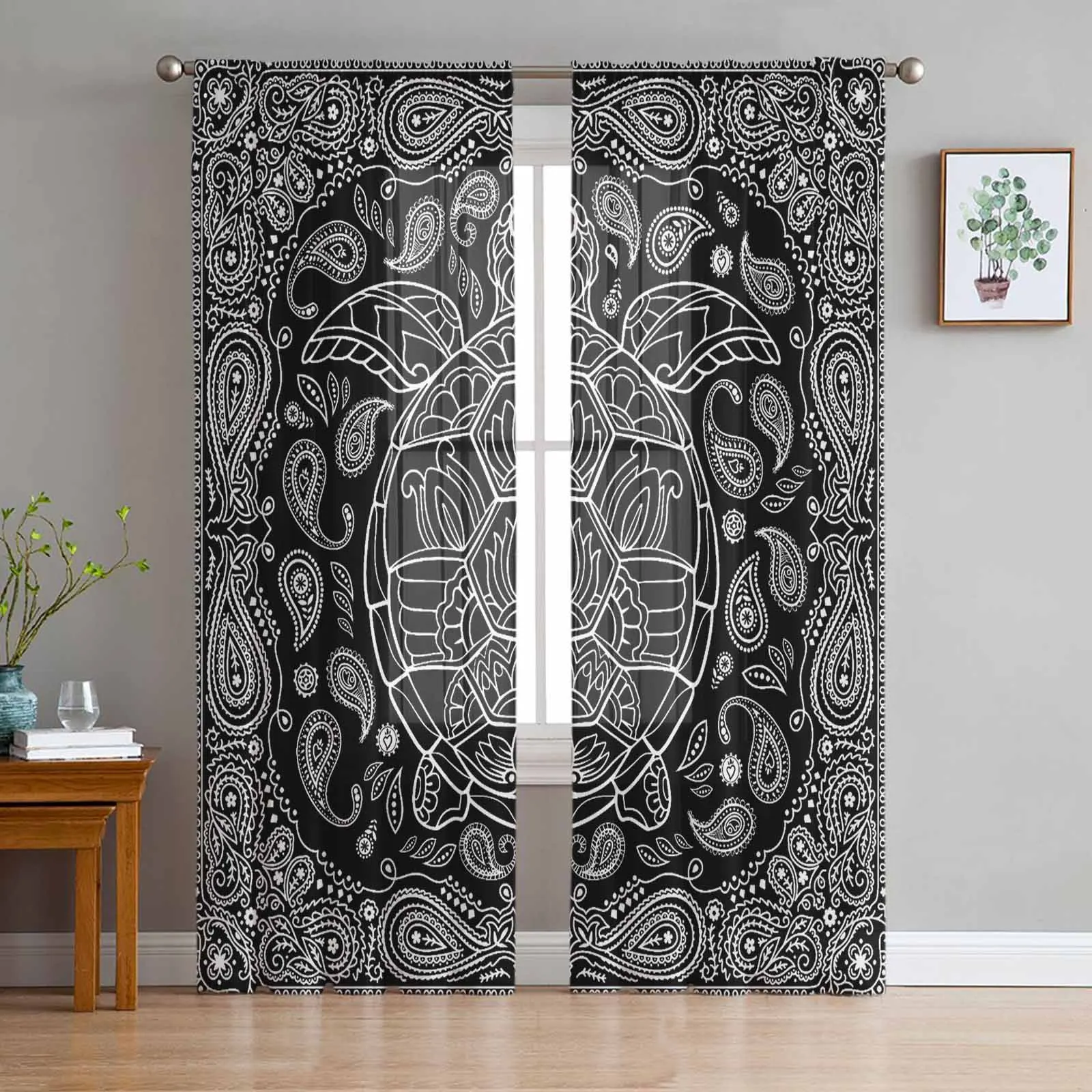 Abstract Texture Turtle Paisley Retro Black Sheer Curtains for Living Room Decor Window Curtains Kitchen Tulle Voile Curtains