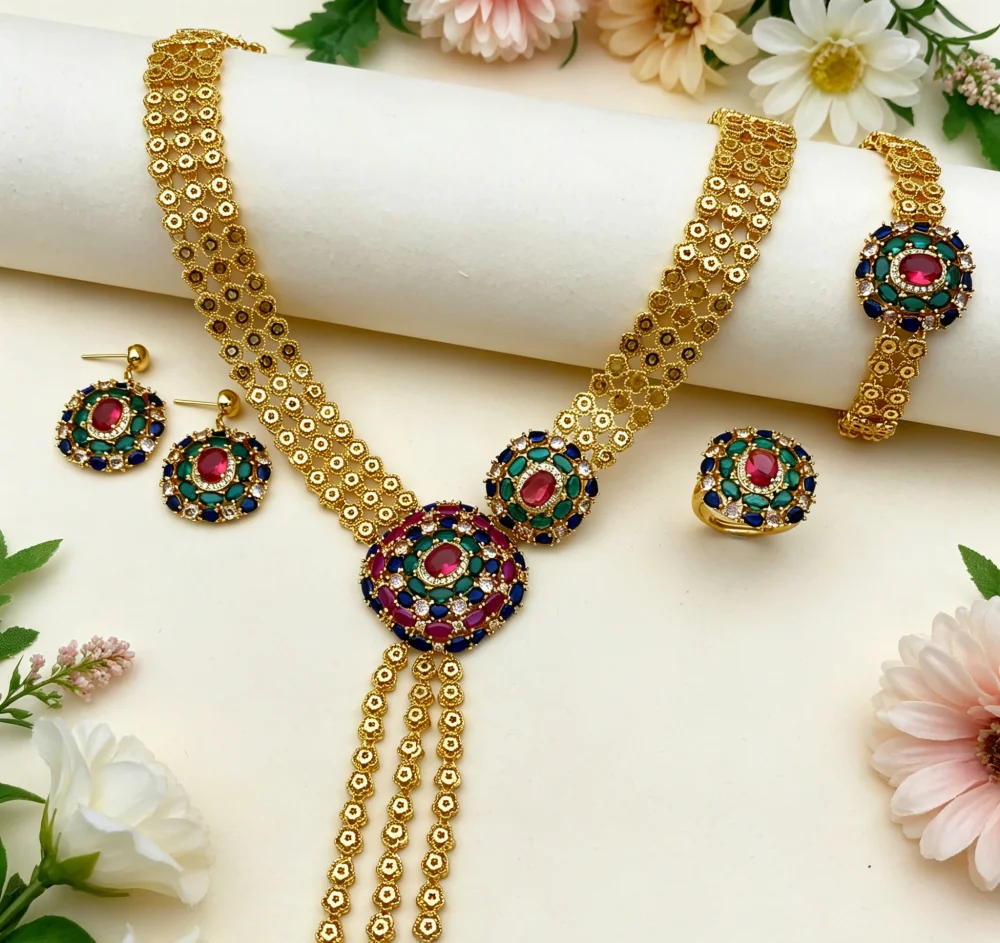 JRH Bridal Jewelry Set Gold Plated Brass Vintage Design 4-Piece Sparkling Zircon Earrings Necklace Ring Bracelet for Parties