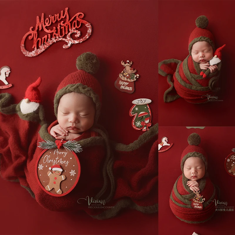 

NEW Christmas-Themed Knit Color-Block Swaddle + Baby Hat Newborn Photography Props Christmas Scene Decorations Infants Costumes