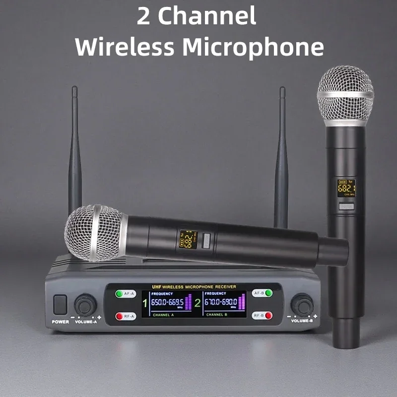 Wireless Microphone Handheld Dual 2 Channels UHF Fixed Frequency Dynamic Mic For Karaoke Wedding Party Band Show and church