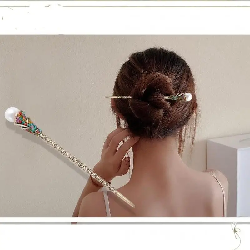 Antiker Goldener Geschnitzter Haarstab mit Kunstperlen und Bunten Strasssteinen für Hanfu, Hochzeiten, Partys und Tägliche Haardekoration – Detail 11
