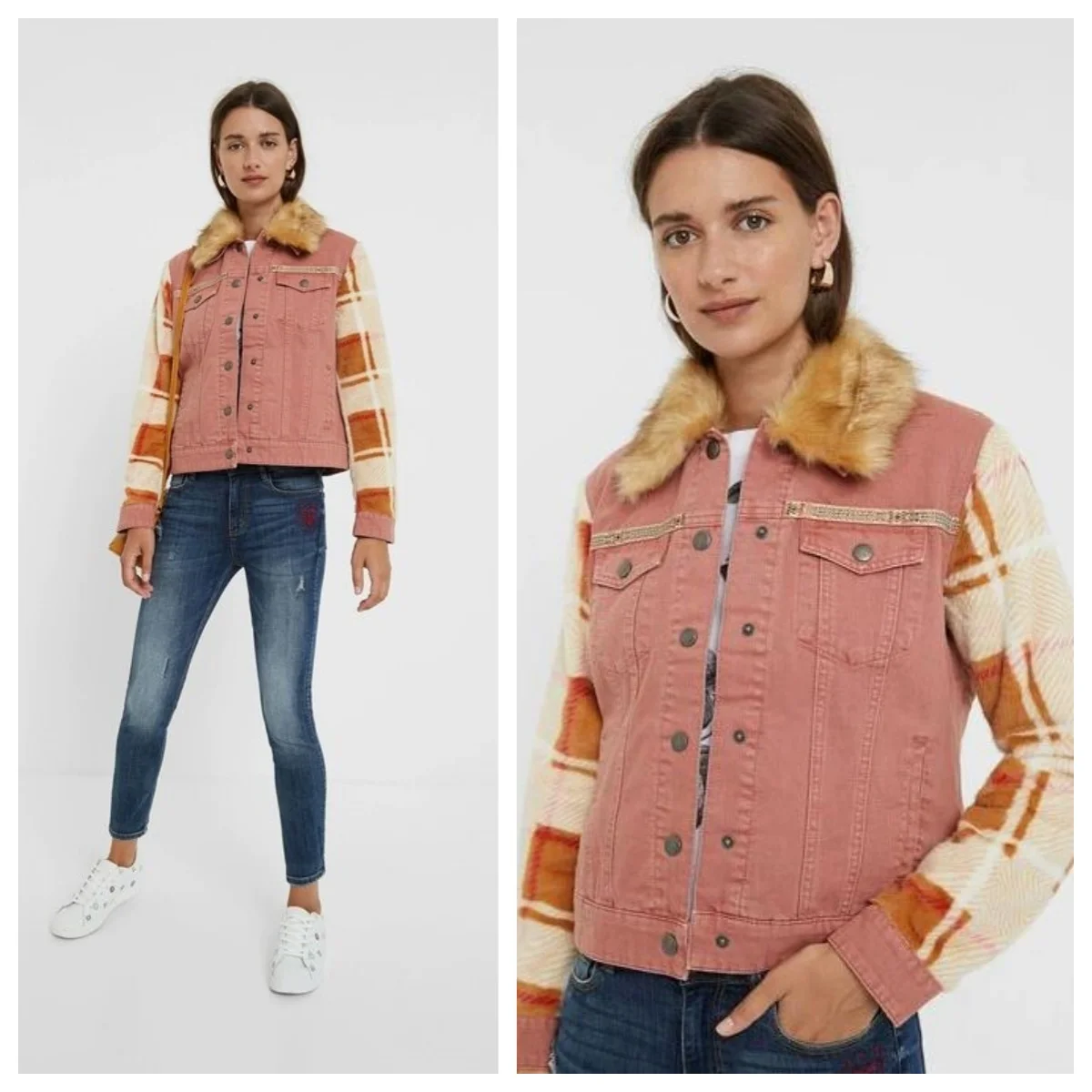 

Foreign trade original single Spanish new splicing women's hair collar removable thick warm long sleeve denim coat