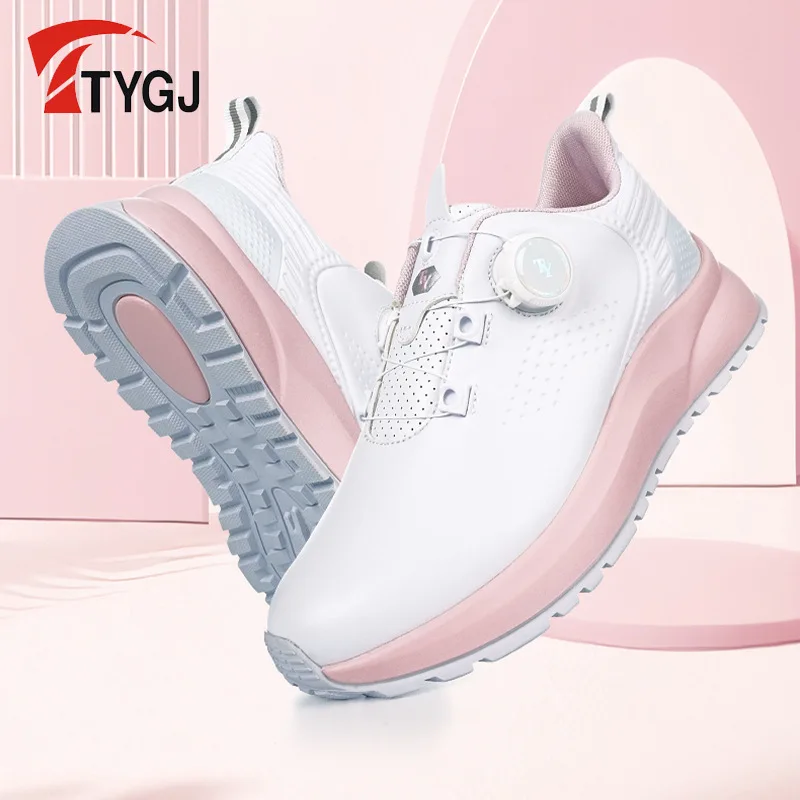 

TTYGJ Women Golf Shoes Rotating Button Waterproof Slip Resistant Flat Comfortable Microfiber Leather