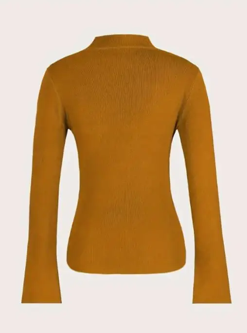 

2025 Stand Up Collar Cross Buckle Slim Fit Waist Solid Color Temperament Top Winter Women Elegant Solid Color Knitted Sweater