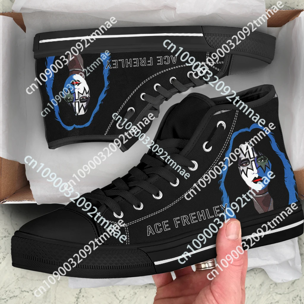 

Men's High Top Canvas Shoes Kiss Rock Band Design Lace Up Women Vulcanized Sneakers Wear-Resistant High Tops Flats Custom