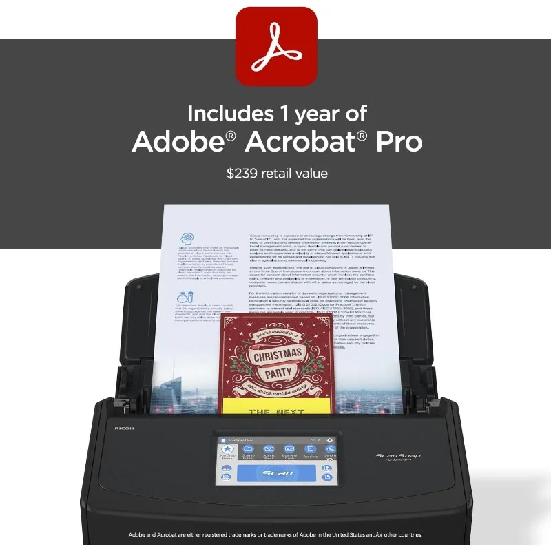 ScanSnap iX1600 Deluxe Versatile Cloud Enabled Document Scanner with Adobe Acrobat Pro for Mac or PC