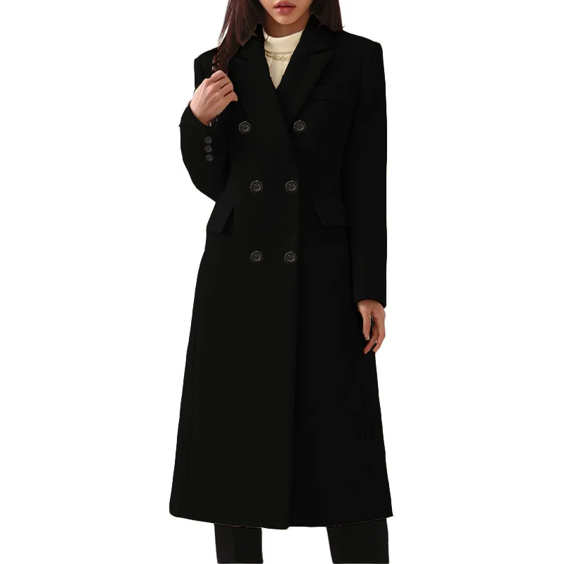 Autumn Winter Ladies Long Trench Coat Jacket Causal Female Women Solid Double-Breasted Woolen Outwear Overcoat Capes Plus Size