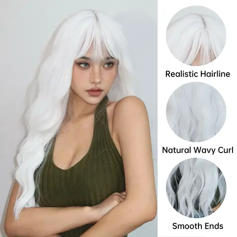 महिलाओं के लिए बैंग्स के साथ लंबे घुंघराले सफेद प्लैटिनम सिंथेटिक विग, अफ्रीकी कॉस्प्ले लोलिता वेवी विग, प्राकृतिक बाल, गर्मी प्रतिरोधी, दैनिक उपयोग 10 best sales टोपी विग - №10