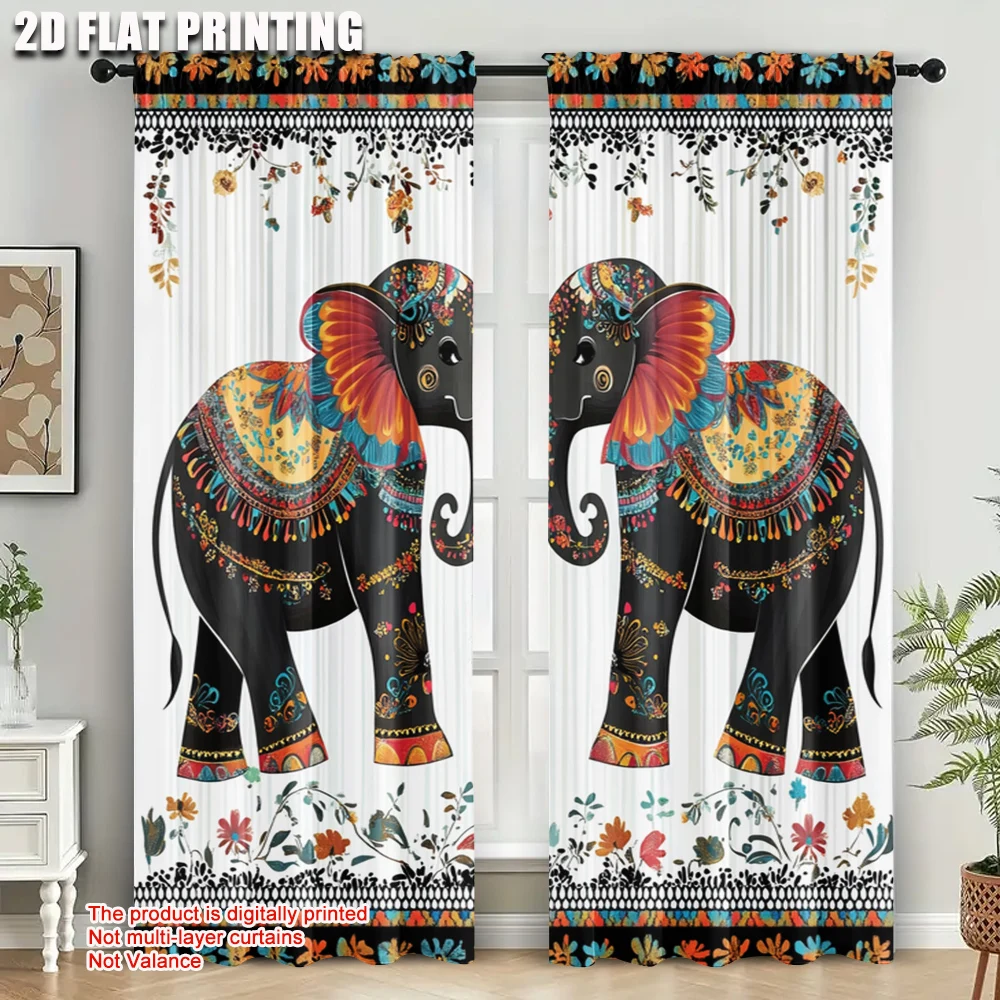 2pcs, Curtains&Drapes 2D print Two Elephant1 Versatile Polyester Fabric (without rod) Stuff Clearance Use for Living Room &
