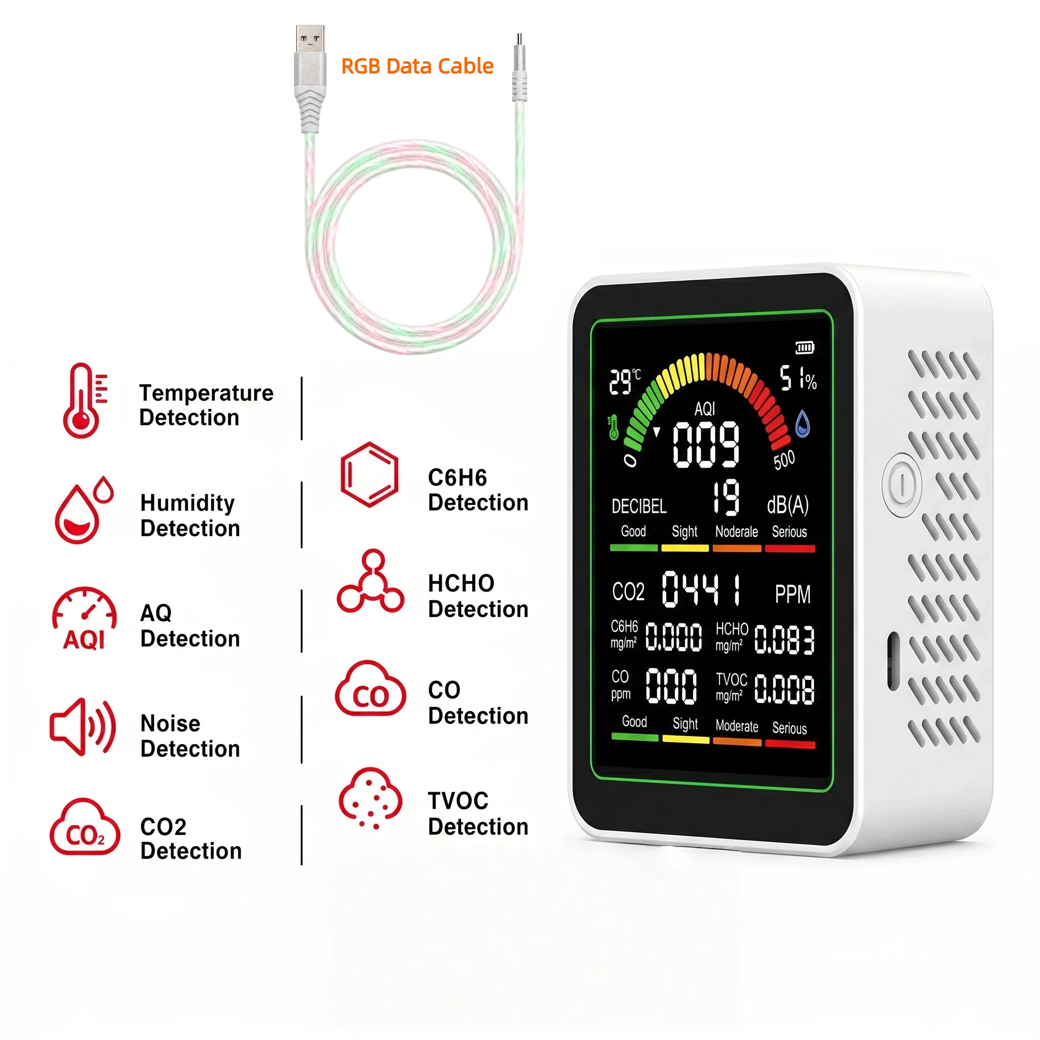 9-in-1 Air Quality Monitor Carbon Dioxide Tester Noise CO2 C6H6 CO Detector Formaldehyde Detector Temperature and Humidity Meter
