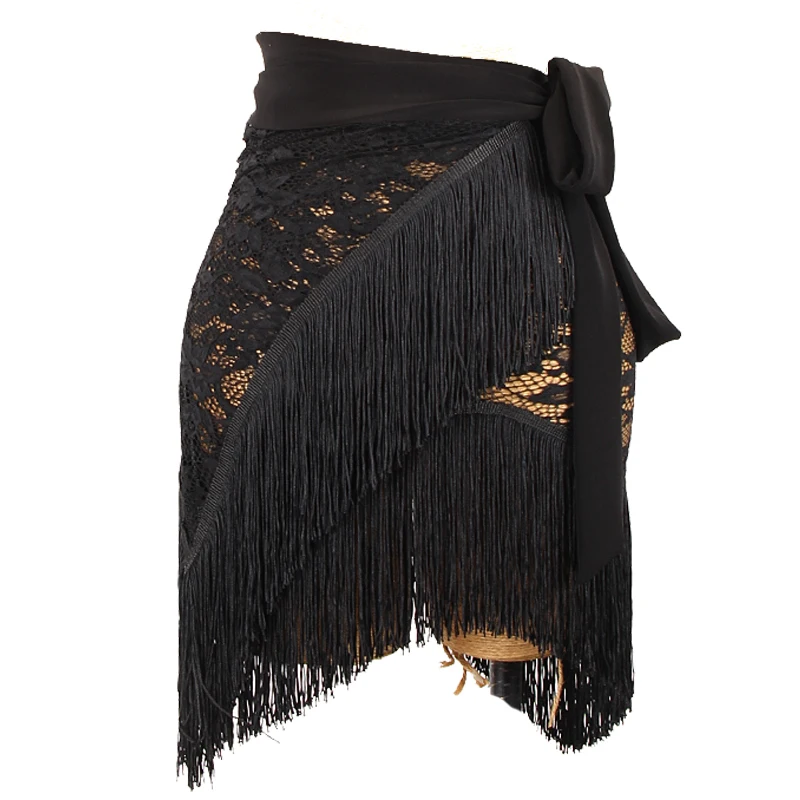 Black Lace Latin Dance Skirt Women Fringed Hip Scarf Sexy Tassel Latin Dance Clothes Samba Rumba Cha Cha Practice Wear DNV16433