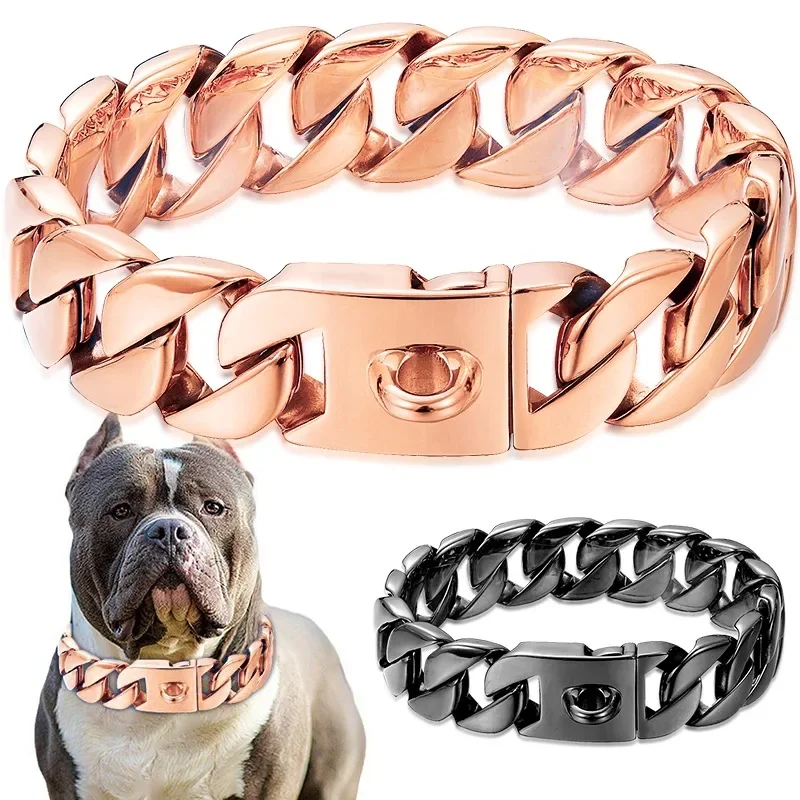 32MM Stainless Steel Casting Gold Dog Collar Solid Buckle Necklace Bully Fight Large Dog Chain Pet Supplies Puppy Accessories