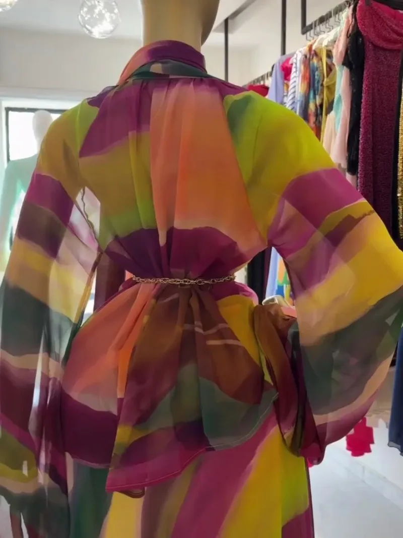 Afrikanisches Damen-Outfit in Übergröße, 2-teilig, mit Bindekragen, Langarm-Bluse mit Print, Midi-Rock-Set, elegantes, modisches, passendes Zweiteiler-Set – Detail 14