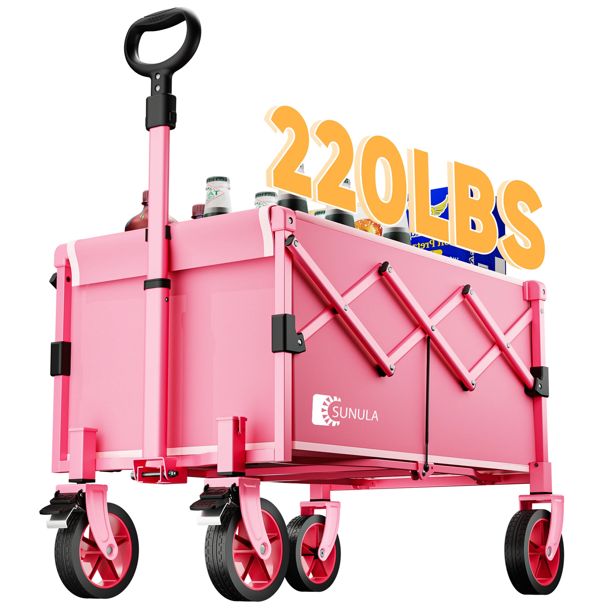 

Collapsible Foldable Wagon Cart with Brake Wheels 220LB Weight Capacity Folding Beach Pink Lightweight Heavy Duty Utility Garden