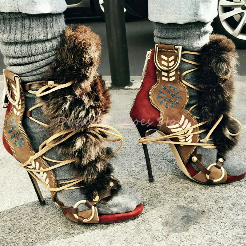 

Fur Embroidery Metal Ring Stiletto Sandals Women Lace Up Pointed Toe Back Zipper High Heels Sexy Fashion Roman Style Ladies Shoe