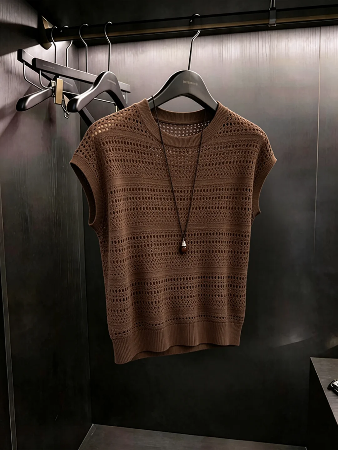 Cafe Brown Hollow out Knitwear round Neck Casual Style Women's Summer Breathable Top Commute Friendly Fashion Design