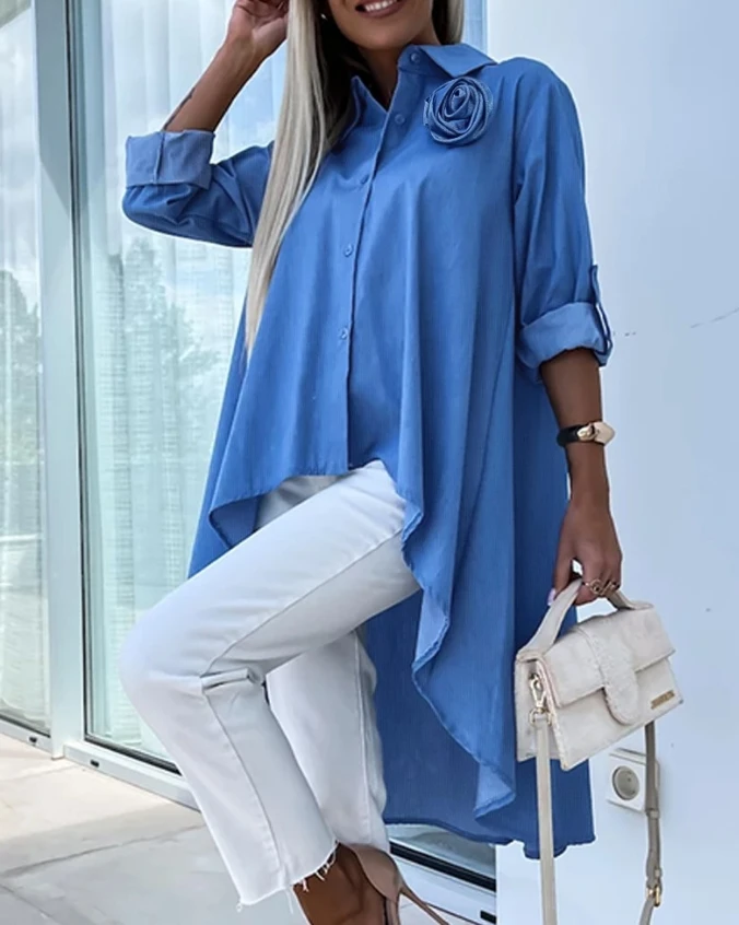 Sexy Elegant Blouses Shirt Rose Detail Roll Up Sleeve Asymmetrical Hem Top New Fashion 2024 Summer Casual T-Shirt Pullover Tops