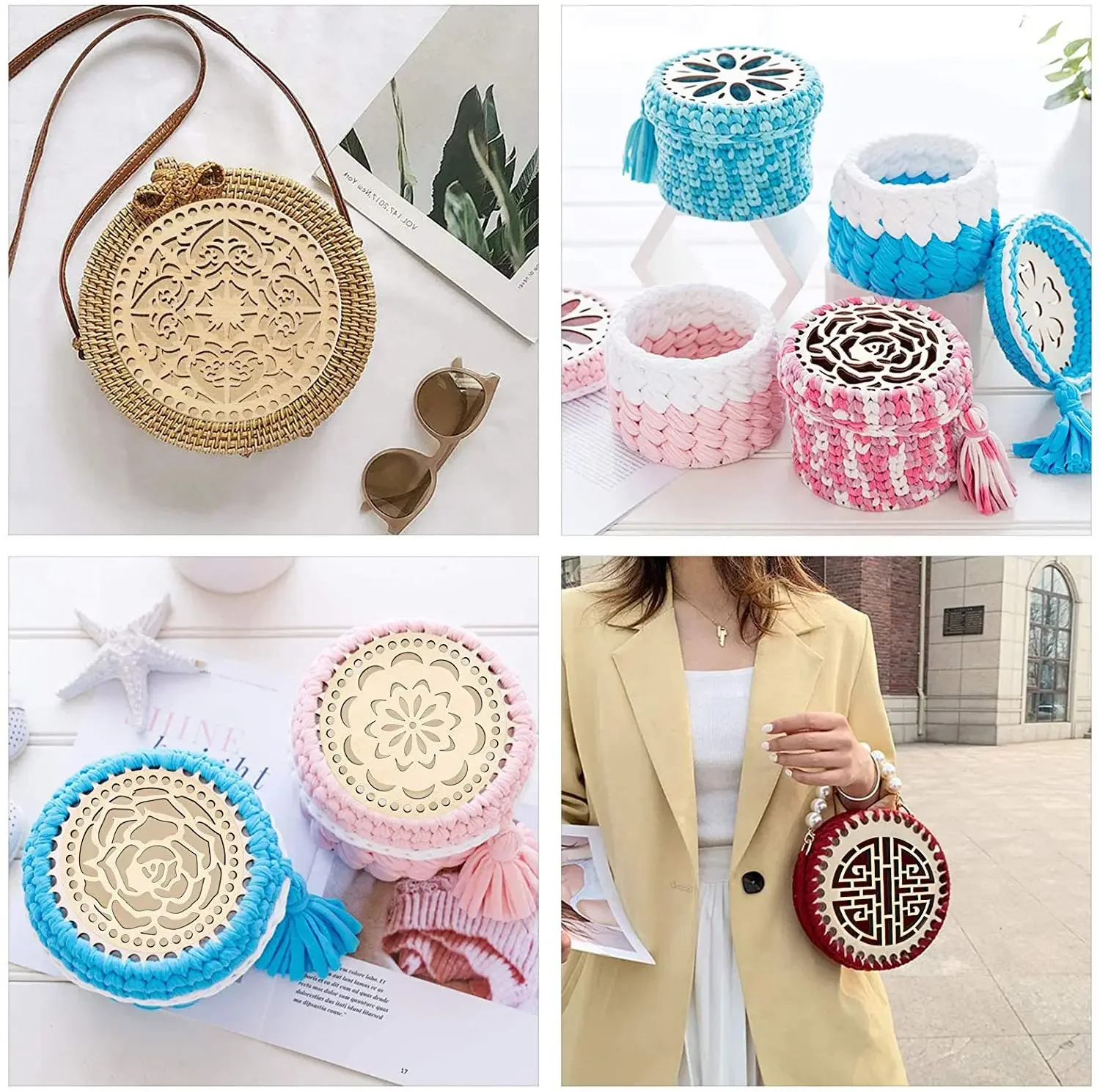 2Pcs Wooden Round Hollow Floral Crochet Basket Base Basket Bottom for DIY Embroidery Craft Floss Organizer Weaving Bag Making