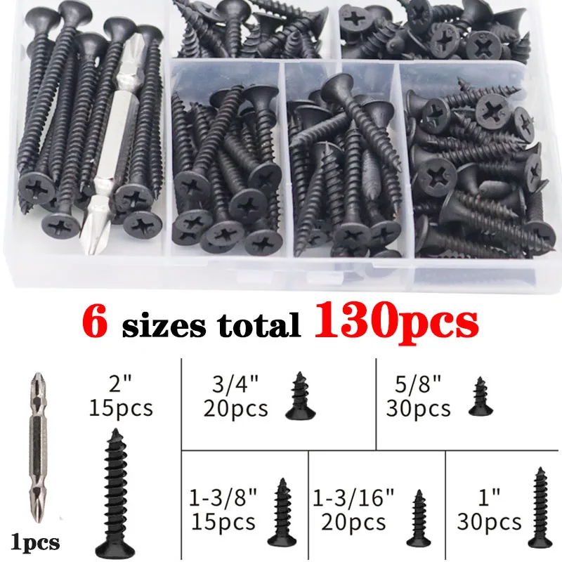 

130 шт./лот винт для гипсокартона с крестообразной потайной головкой и плоской головкой саморез M3,5 черный винт из углеродистой стали Phillips для деревообработки