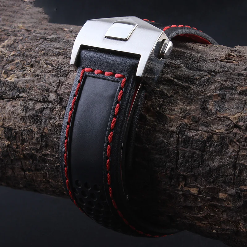 19mm 20mm 22mm Black red line Bracelet for Tag Heuer for Carrera for Monaco Leather Replacement band Cowhide Universal Accessory