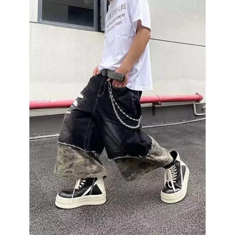 

American High Street Retro Patchwork Perforated Camouflage Jeans for Men's Summer Straight Leg Wide Leg Loose Pants