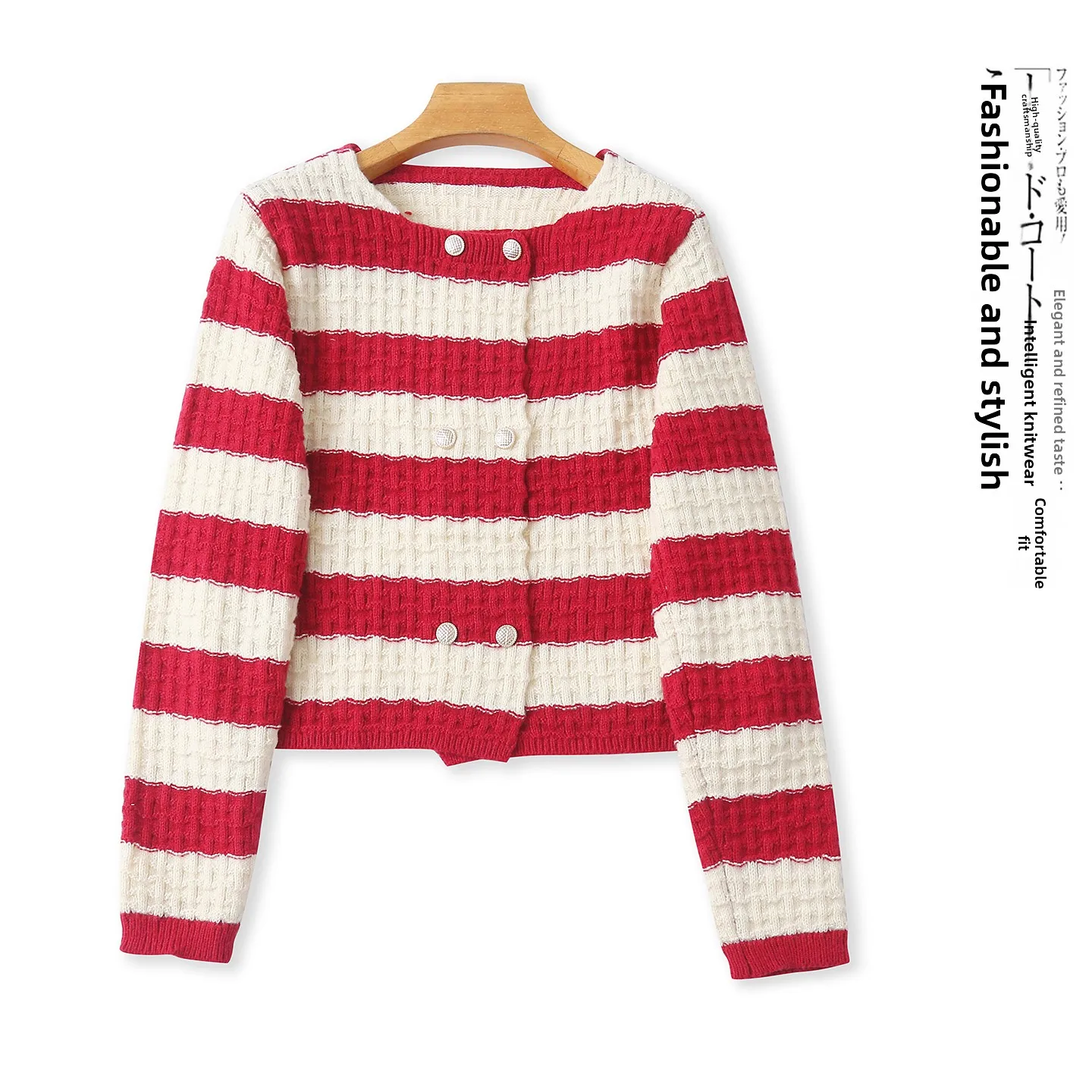 

Fashionable Long Sleeve round Neck Double Buttoned Color Block Cashmere Sweater Commute Style Loose Fit Autumn Winter Women's...