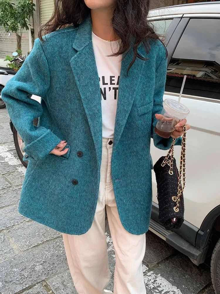 

New Women Mulberry Silk Superfine Wool Coat Thick Double-sided Cashmere Coat Loose Single-breasted Lapel Long Woolen Coat Winter